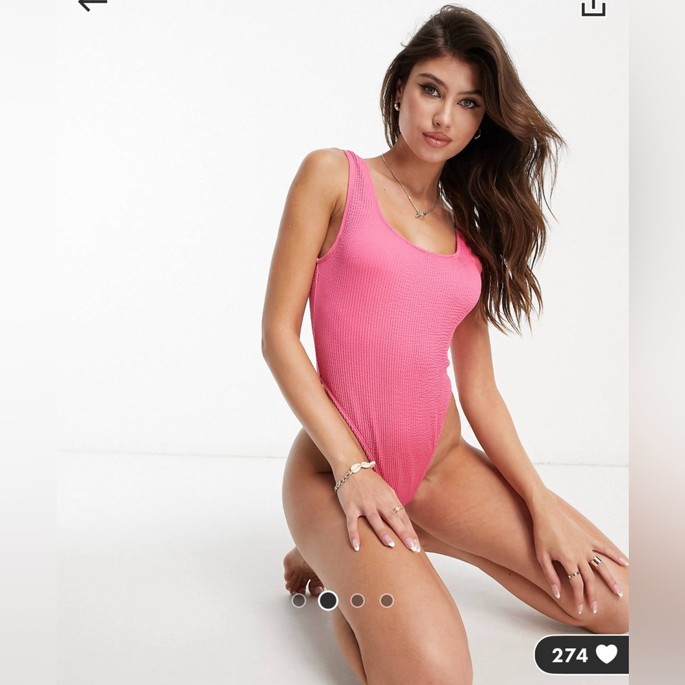 River Island crinkle textured scoop neck swimsuit in bright pink, size 4